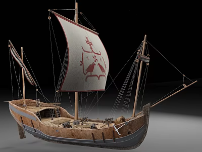 Wooden Ship Model With White Sail Red Design Mast And Ropes Details 3d model