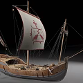 Wooden Ship Model With White Sail Red Design Mast And Ropes Details