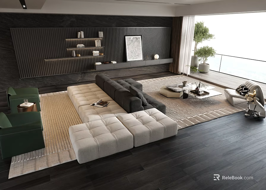 Modern Living Room Sofa Coffee Table Set With Green Beige Sofas Area Rug And Plants 3d model 