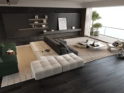 Modern Living Room Sofa Coffee Table Set With Green Beige Sofas Area Rug And Plants 3d model