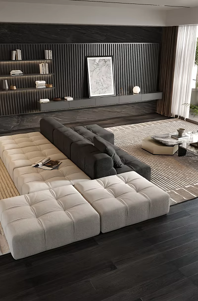 Modern Living Room Sofa Coffee Table Set With Green Beige Sofas Area Rug And Plants 3d model