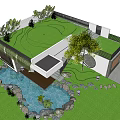 Modern Detached Villa White Exterior Green Roof Vines Large Windows Lawn And Stone Water Feature
