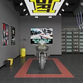 Automotive Service Shop Interior With White Red Sports Cars Display Shelves And Ceiling Lights