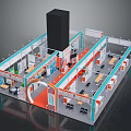 Exhibition Booth 3D Design With Multiple Sections Tables Chairs Tall Black Structure And Colorful Layout