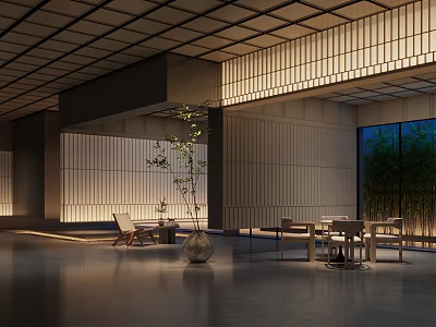 Modern Hotel Public Lounge Interior With Ambient Lighting Vertical Slat Walls And Potted Plants 3d model