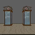 Traditional Roofed Structures With Red Circular Tops Glass Panels And Text Patterns On Wooden Floor