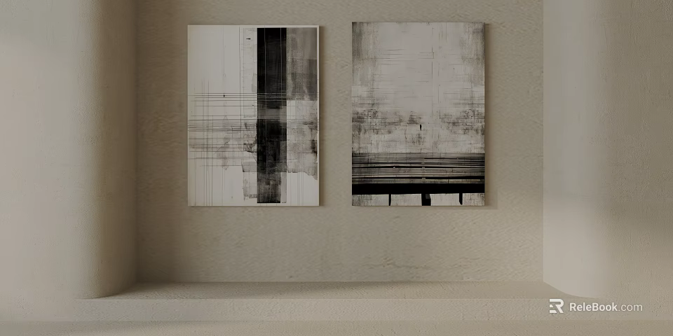 Black And White Abstract Paintings With Lines And Blocks On Beige Wall 3d model