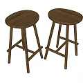 Two Wooden Bar Stools With Round Seat And Crossed Support Legs