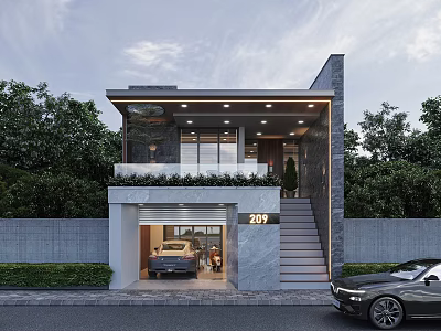 Modern Detached Villa With Garage Roller Shutter Door Stairs Greenery And Number 297 3d model