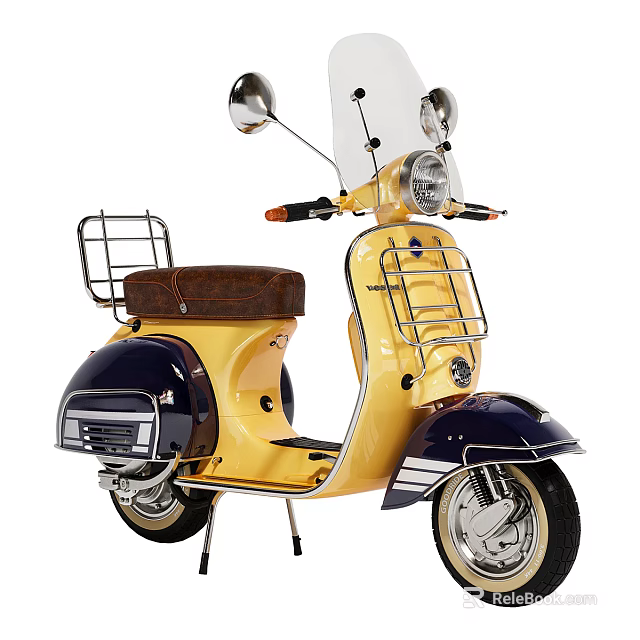 Vintage Style Motorcycle Yellow And Navy Blue With Brown Seat Metal Rack And Windshield 3d model 