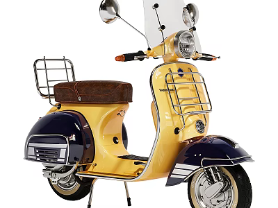 Vintage Style Motorcycle Yellow And Navy Blue With Brown Seat Metal Rack And Windshield 3d model