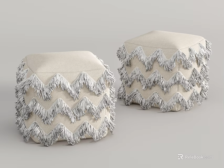 Stylish Two Beige Linen Ottomans With Zigzag Fringe Decoration For Living Room 3d model 