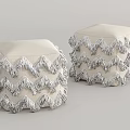 Stylish Two Beige Linen Ottomans With Zigzag Fringe Decoration For Living Room