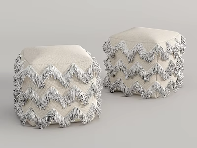 Stylish Two Beige Linen Ottomans With Zigzag Fringe Decoration For Living Room 3d model