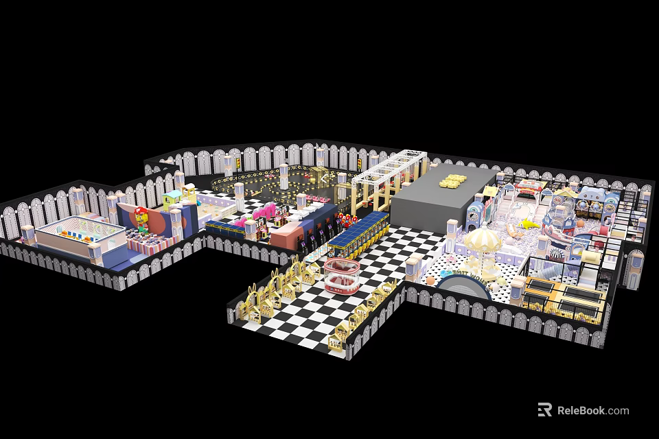 Detailed Playground Layout With Colorful Activity Zones Checkerboard Floors And Various Play Structures 3d model 