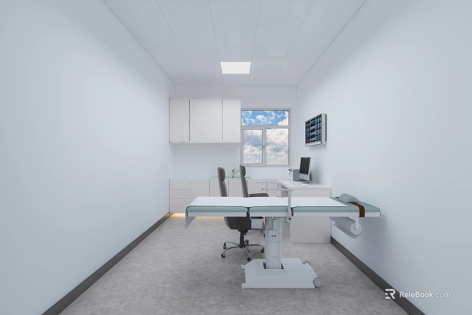 Clean White Medical Examination Room Interior With Cabinets Examination Table Chair Window And Monitor 3d model 
