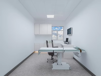Clean White Medical Examination Room Interior With Cabinets Examination Table Chair Window And Monitor 3d model
