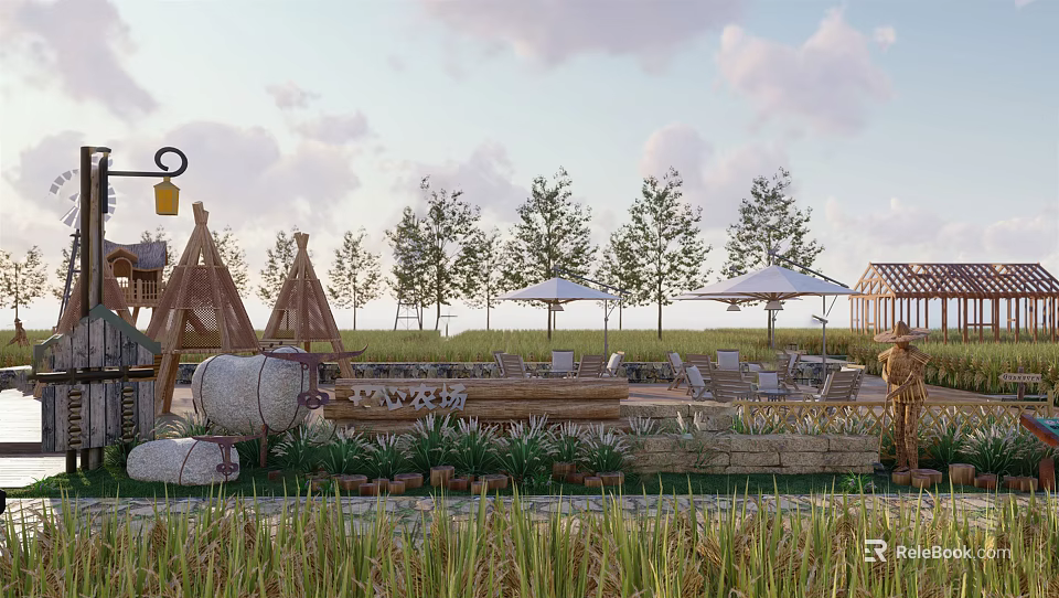 Idyllic Rural Landscape Featuring Rice Field Thatched Huts Wooden Benches Umbrellas And Trees 3d model 