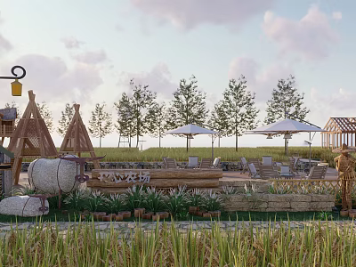 Idyllic Rural Landscape Featuring Rice Field Thatched Huts Wooden Benches Umbrellas And Trees 3d model