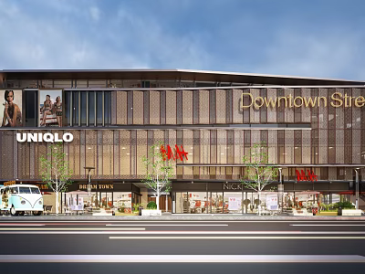 Downtown Street Modern Commercial Architecture With UNIQLO H&M Stores Storefronts Vintage Bus And Trees 3d model