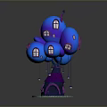 Scenic Landscape Featuring Blue Balloon Shaped Buildings Purple House Green Grass And Red Glowing Lights