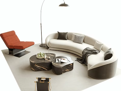 Modern Curved White Sofa Coffee Table Set with Cushions Throw Blanket and Marble Top Tables 3d model