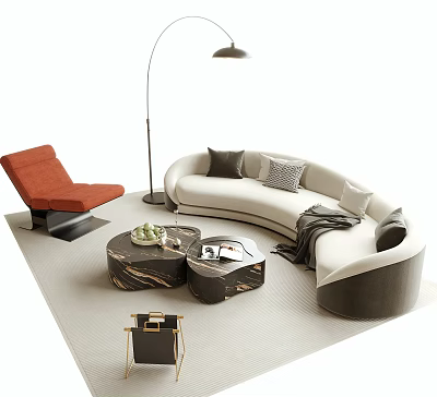 Modern Curved White Sofa Coffee Table Set with Cushions Throw Blanket and Marble Top Tables 3d model