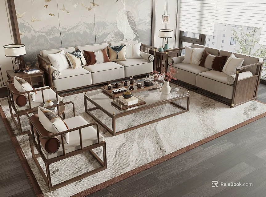Elegant Modern Sofa Coffee Table Combination With Plush Cushions Glass Tabletop And Area Rug 3d model 