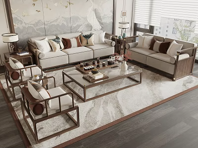 Elegant Modern Sofa Coffee Table Combination With Plush Cushions Glass Tabletop And Area Rug 3d model