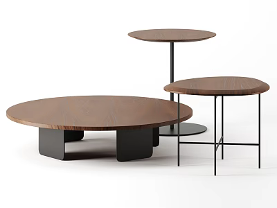 Modern Round Coffee Tables With Wooden Tabletop And Black Metal Frames In Various Heights 3d model