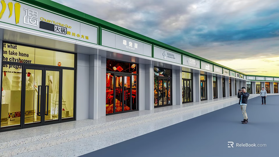 Commercial Street With Green And White Facade Glass Windows And Decorative Storefronts 3d model 