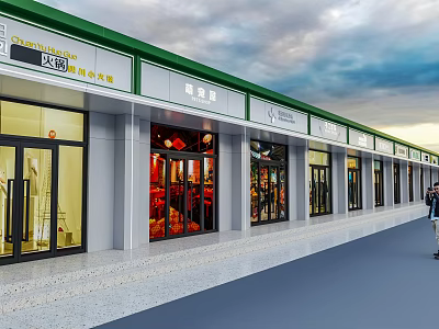 Commercial Street With Green And White Facade Glass Windows And Decorative Storefronts 3d model