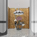 Elegant Console Table With Feather Chandelier Red Flower Bouquet And Gold Patterned Wallpaper 3d model