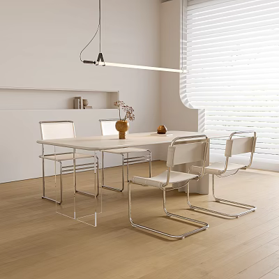 Modern Restaurant Interior Design With White Dining Table Metal Chairs Pendant Light And Window Blinds 3d model