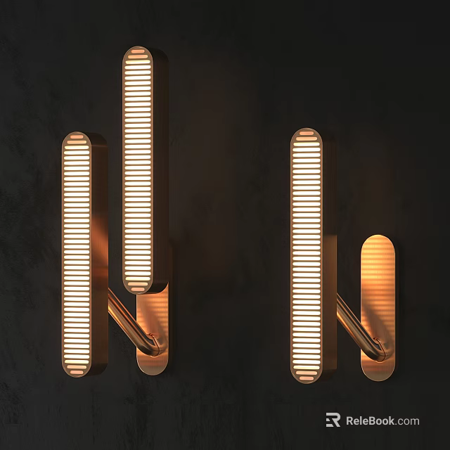 Modern Copper Linear Wall Lights With Illuminated Stripes On Dark Wall Decor 3d model