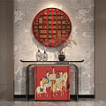 Traditional Console Table With Circular Red Decor Golden Characters Vase Decorative Lanterns And Patterned Wallpaper 3d model
