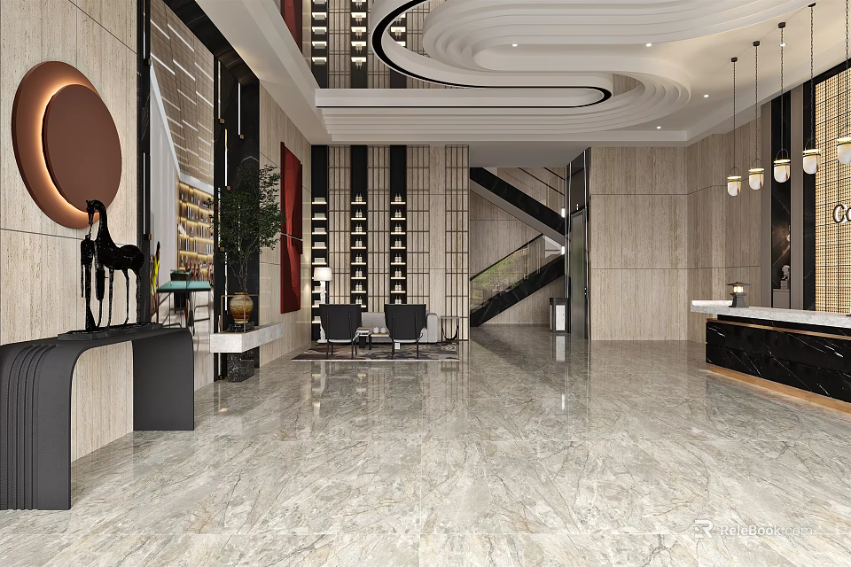 Elegant Hotel Lobby Featuring Marble Flooring Spiral Staircase Pendant Lights Green Plants And Decorative Sculptures 3d model 