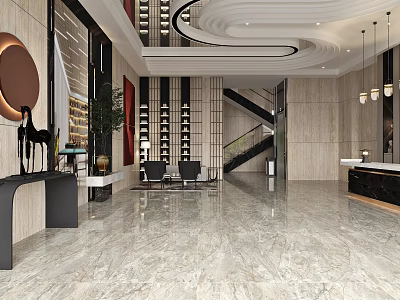 Elegant Hotel Lobby Featuring Marble Flooring Spiral Staircase Pendant Lights Green Plants And Decorative Sculptures 3d model