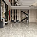Elegant Hotel Lobby Featuring Marble Flooring Spiral Staircase Pendant Lights Green Plants And Decorative Sculptures