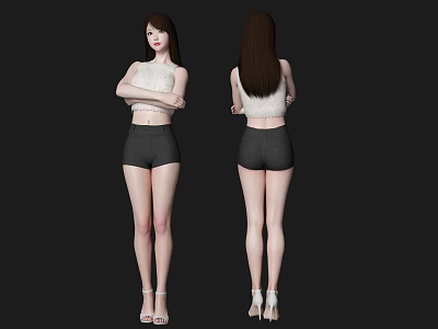Woman in White Top Black Shorts with Long Hair Front Back View White High Heels 3d model