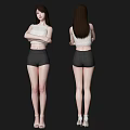 Woman in White Top Black Shorts with Long Hair Front Back View White High Heels