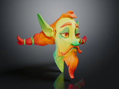 Game Movie Character Elf Head With Orange Hair Green Skin Yellow Eyes Beard And Braids 3d model