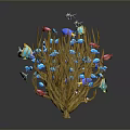 Vibrant Small Colorful Fish Swimming Around Yellow Branching Coral in Marine Underwater Scene