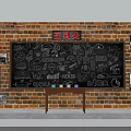 Sign in Station With Brick Wall Blackboard Hand drawn Artwork Posters And Wooden Table