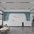 Modern Office Reception Desk With Blue Accent Wall Marble Counter Logo Sofa And Plants