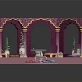 Cartoon Style Palace Interior With Arched Doorways Golden Accents Pink Purple Decor And Green Plants