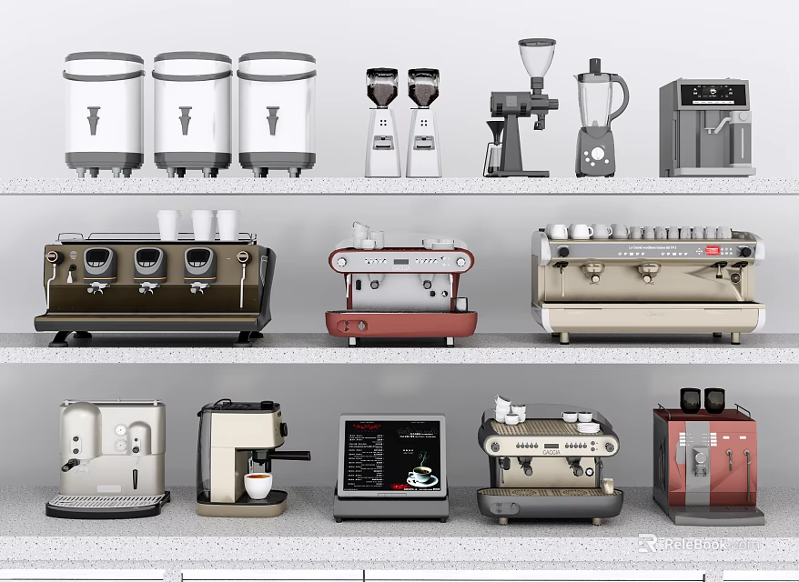 Various Kitchen Appliances Featuring Coffee Machines Blenders Grinders And Espresso Makers On Shelves 3d model 