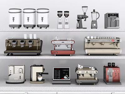 Various Kitchen Appliances Featuring Coffee Machines Blenders Grinders And Espresso Makers On Shelves 3d model