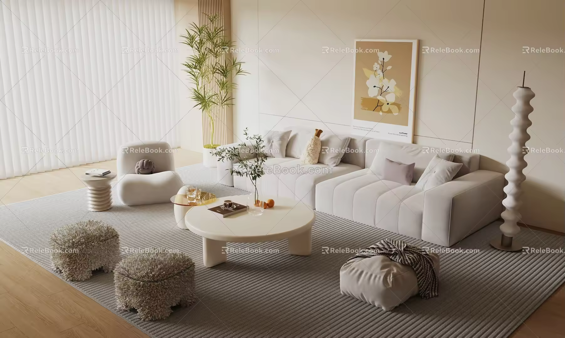 Cream wind sofa coffee table combination 3d model