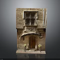 Ancient Stone Building With Wooden Door Decorative Carvings Potted Plants And Traditional Windows